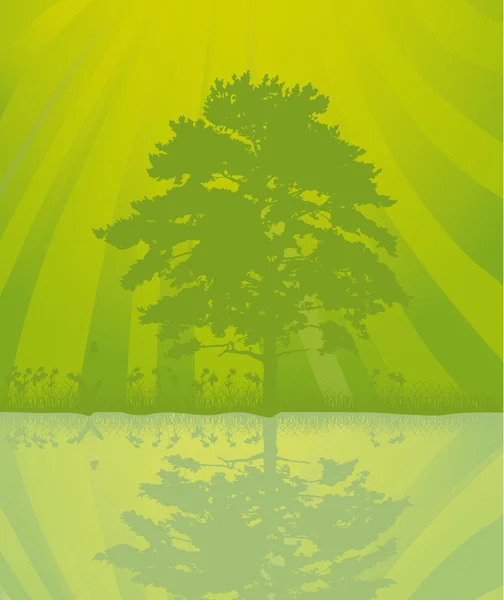 Grüner Baum mit Reflexion Illustration — Stockvektor