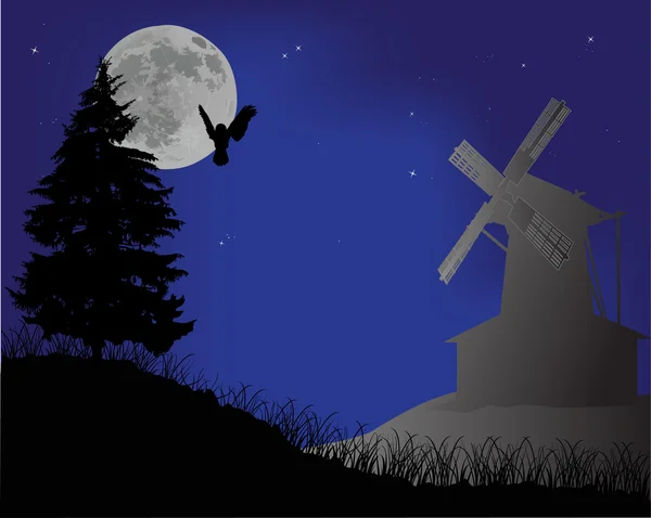 Ветряная мельница и сова ночью — стоковый вектор