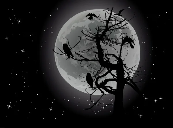 Fåglar och döda trädet under fullmånen — Stock vektor