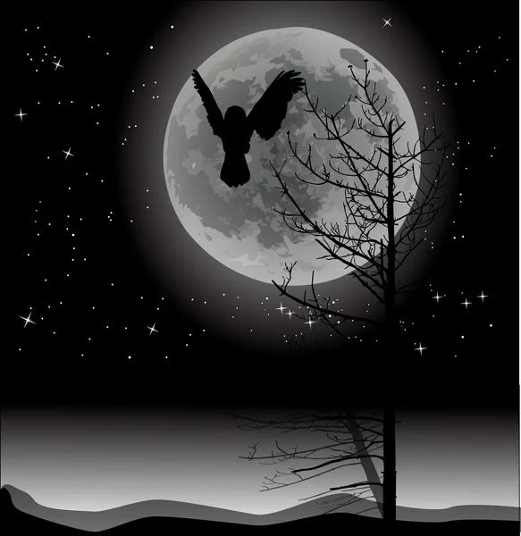 Owl and dead tree at full moon — Stock Vector