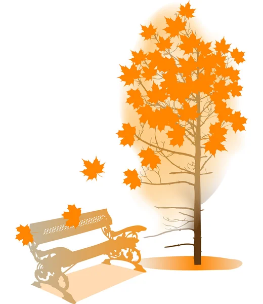 オレンジ色の秋のもみじとベンチの図 — ストックベクタ