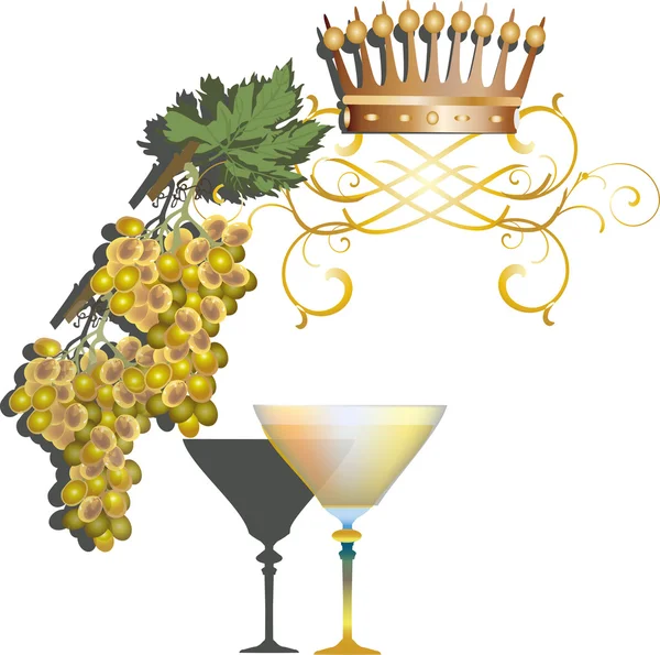 Druiven, wijn en kroon — Stockvector