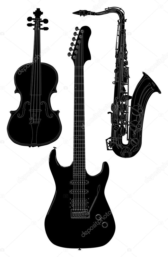 set of three music instruments isolated on white