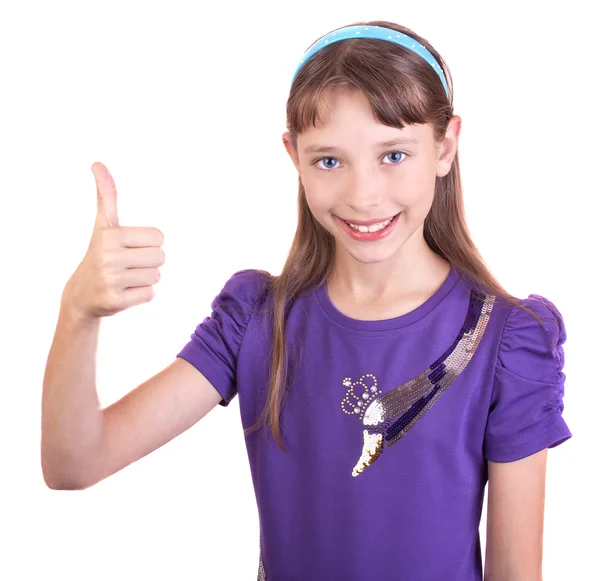 En vacker liten flicka visar gest av "alla goda" — Stockfoto
