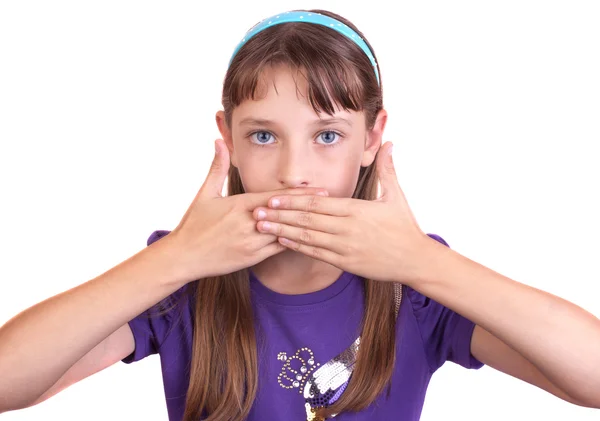 A young girl covered her mouth with his hands, studio — Stock Photo, Image