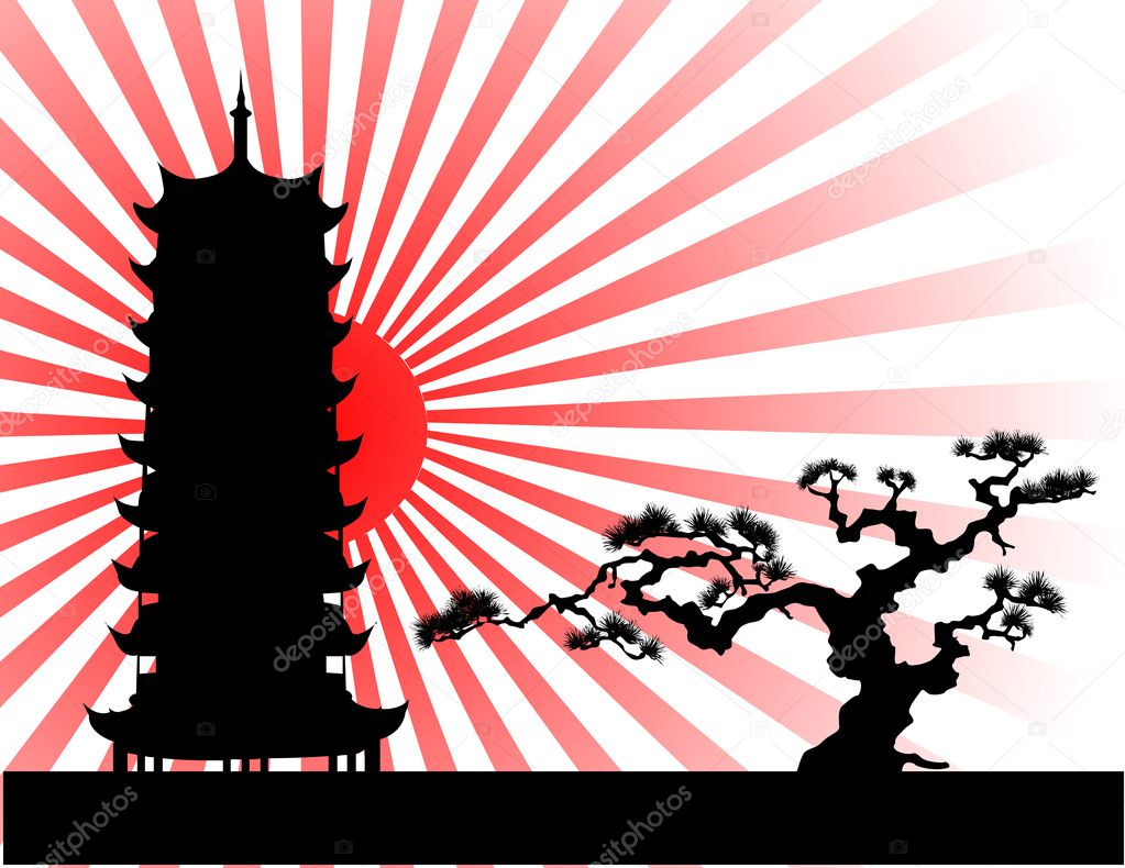 The Japanese landscape silhouette vector