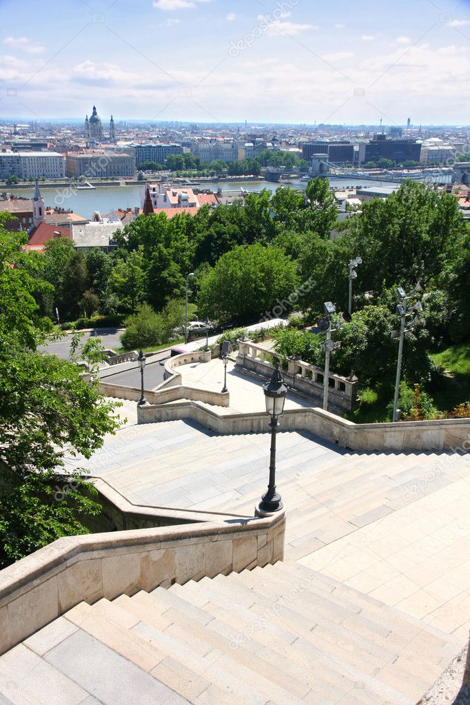 The stairs of the Fisherman's Bastion and panorama, Budapest, Hu