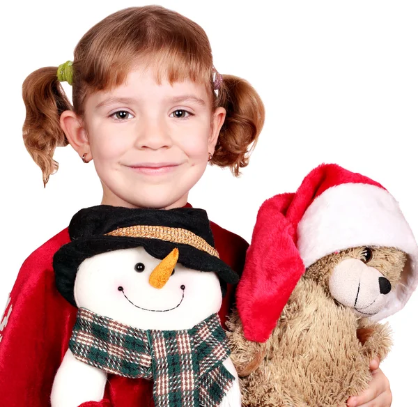 Κοριτσάκι με χιονάνθρωπο και αρκουδάκι Χριστούγεννα — Φωτογραφία Αρχείου