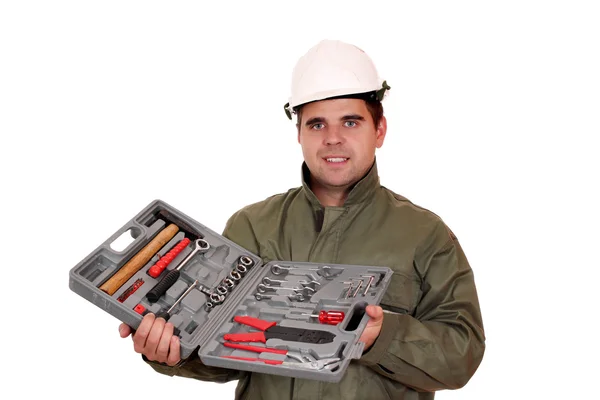 Trabalhador com caixa de ferramentas — Fotografia de Stock