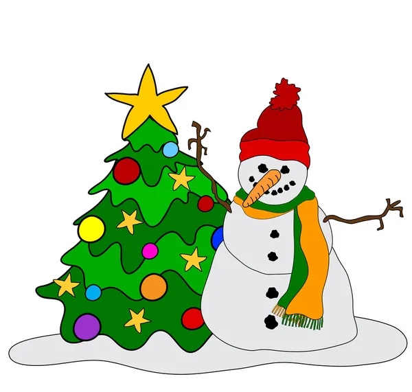 Χιονάνθρωπος w. χριστουγεννιάτικο δέντρο — Διανυσματικό Αρχείο