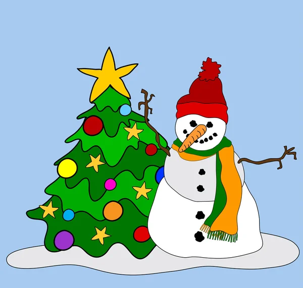 Hombre de nieve w. Árbol de Navidad — Vector de stock