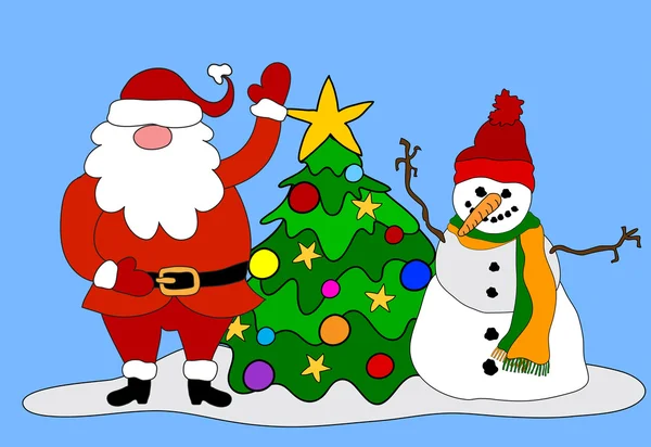 Snowman, Santa, Tree — Stock Vector