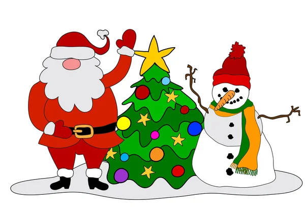 Kardan adam, Noel Baba, ağaç — Stok Vektör