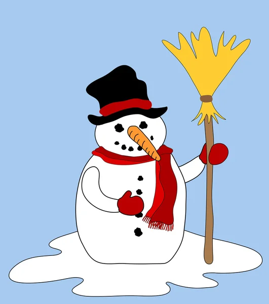 Sneeuwpop met bezem — Stockvector