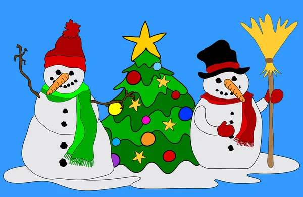 Muñecos de nieve w. Árbol de Navidad — Vector de stock