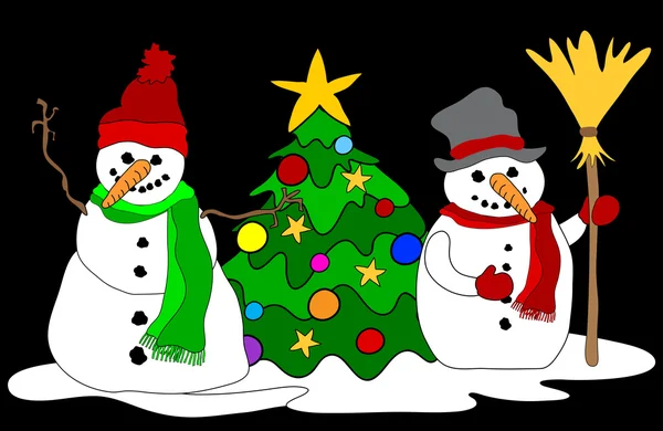 Sneeuwmannen w. kerstboom — Stockvector