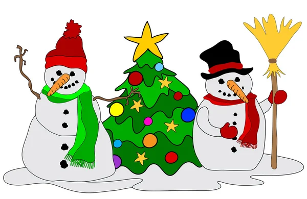 Schneemänner mit Weihnachtsbaum — Stockvektor