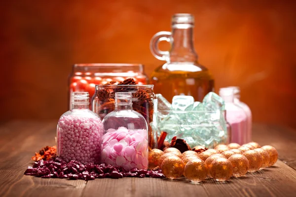 Spa supplies - essential oil and bath salt — Stock Photo, Image