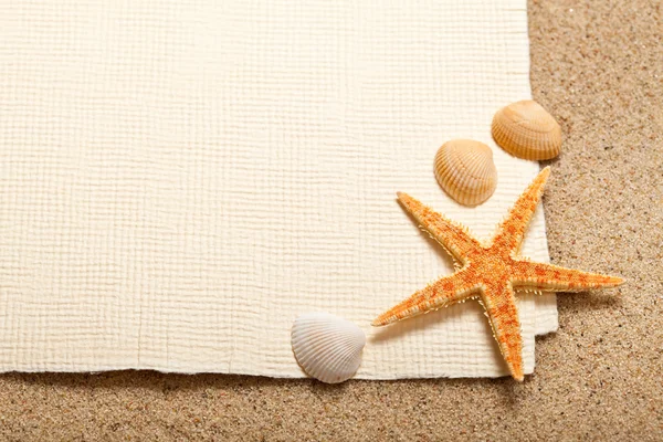 Shells, starfish and blank paper sheet — Stock Photo, Image