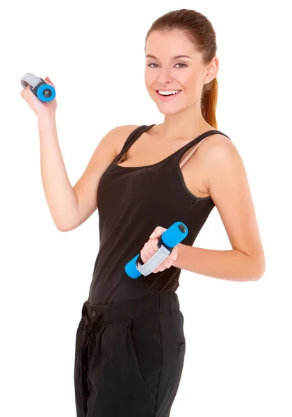 Portret van fitness vrouw uit te werken met vrije gewichten — Stockfoto