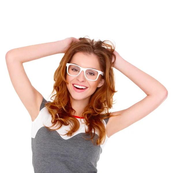 Porträt einer jungen Frau mit Brille auf weißem Hintergrund — Stockfoto