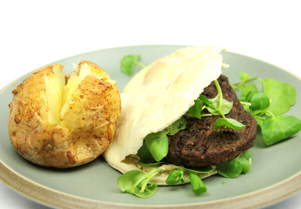 Plain Baked Potato, a vegetarian burger in Pitta bread