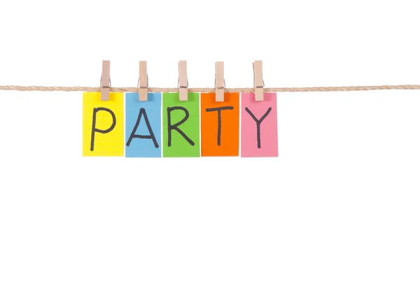 Party, Wooden peg and colorful words — Stock Photo, Image