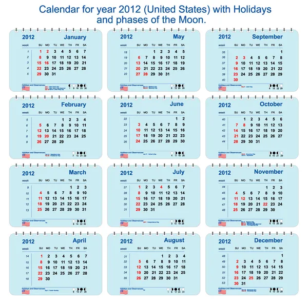 Vektorkalender 2012 mit Mondphasen, Wochennummern und Holen — Stockvektor
