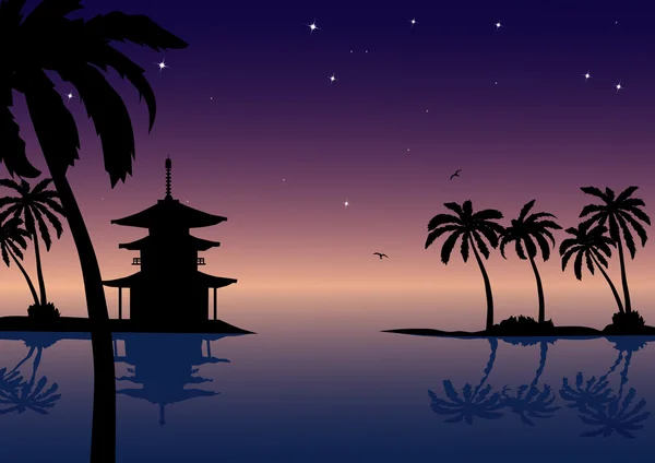 Vector japanese illustration with ocean, pagoda and palms — Stock Vector