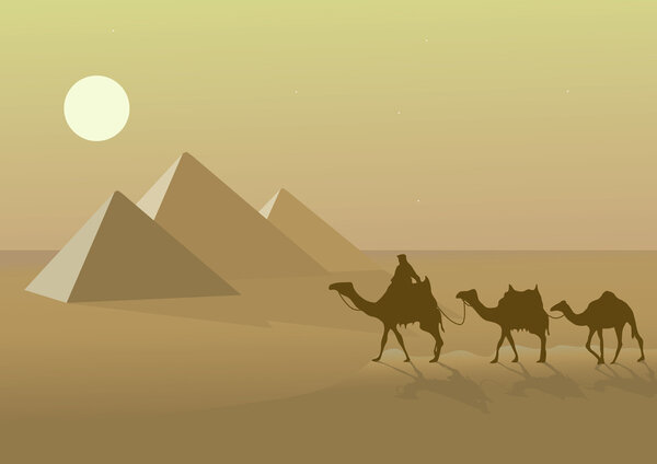 Векторная иллюстрация египетских пирамид и верблюдов
