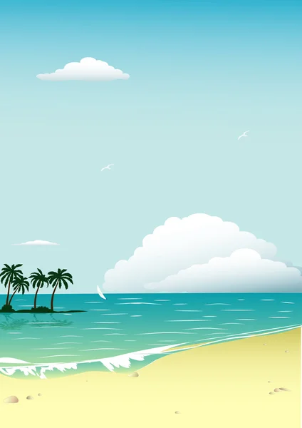 Ilustração vetorial com mar, ilha tropical e praia — Vetor de Stock