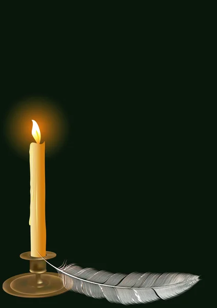 Sfondo nero vettoriale con candela e piuma — Vettoriale Stock