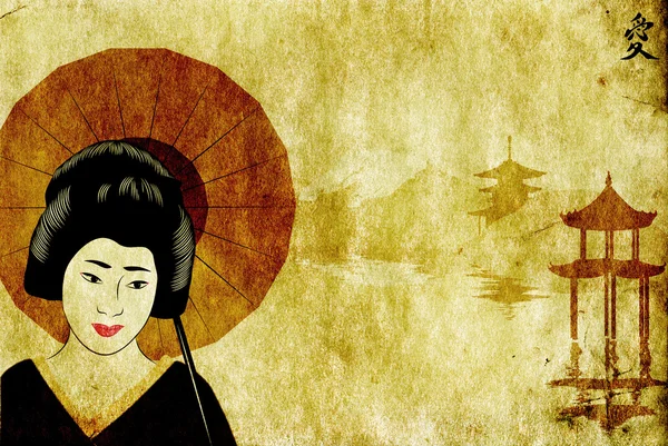 Stary papier japoński gejsza i pagoda — Zdjęcie stockowe