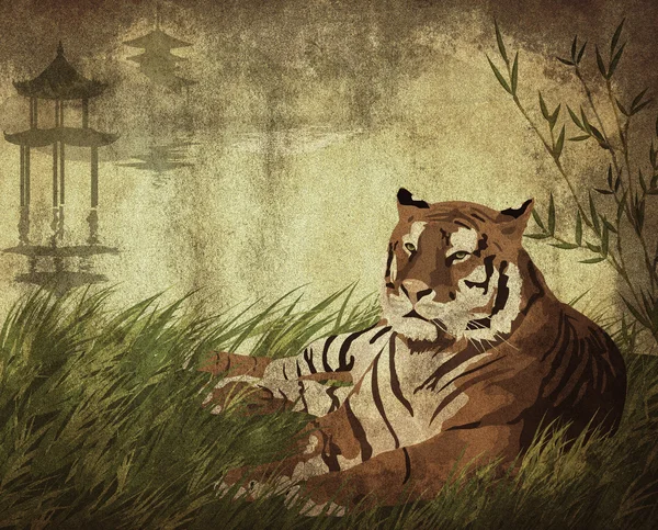 Старий папір з тигром і пагодою — стокове фото