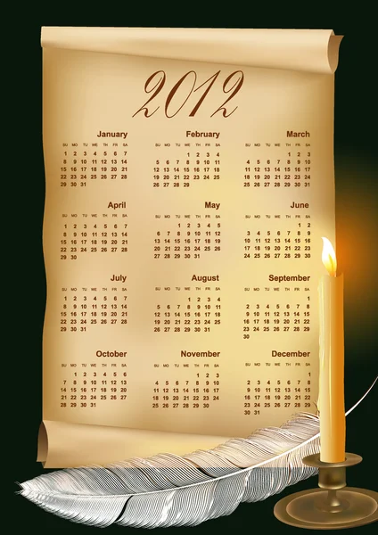 Vector Calendar of 2012 with candle, feather and old paper — Stock Vector
