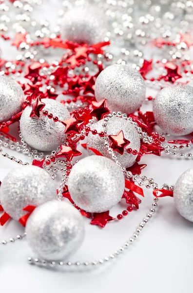 Christmas silver balls and red stars — Stock Photo, Image