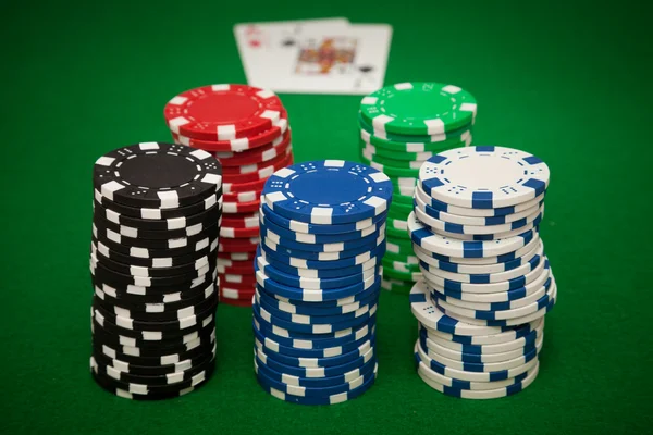 Gambling chips and blackjack — Stock Photo, Image