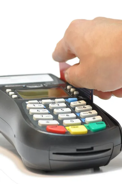 Lector de tarjetas de crédito aislado contra fondo blanco — Foto de Stock