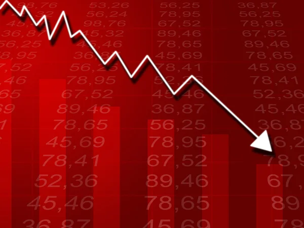 Piros alapon lefelé nyíl grafikon — Stock Fotó