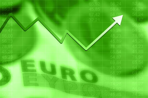 Gráfico de seta para cima e moeda do euro — Fotografia de Stock