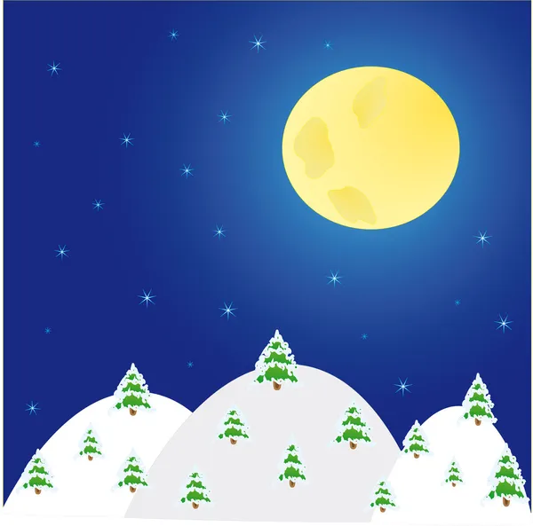 Paisagem noturna de inverno com árvores e lua —  Vetores de Stock