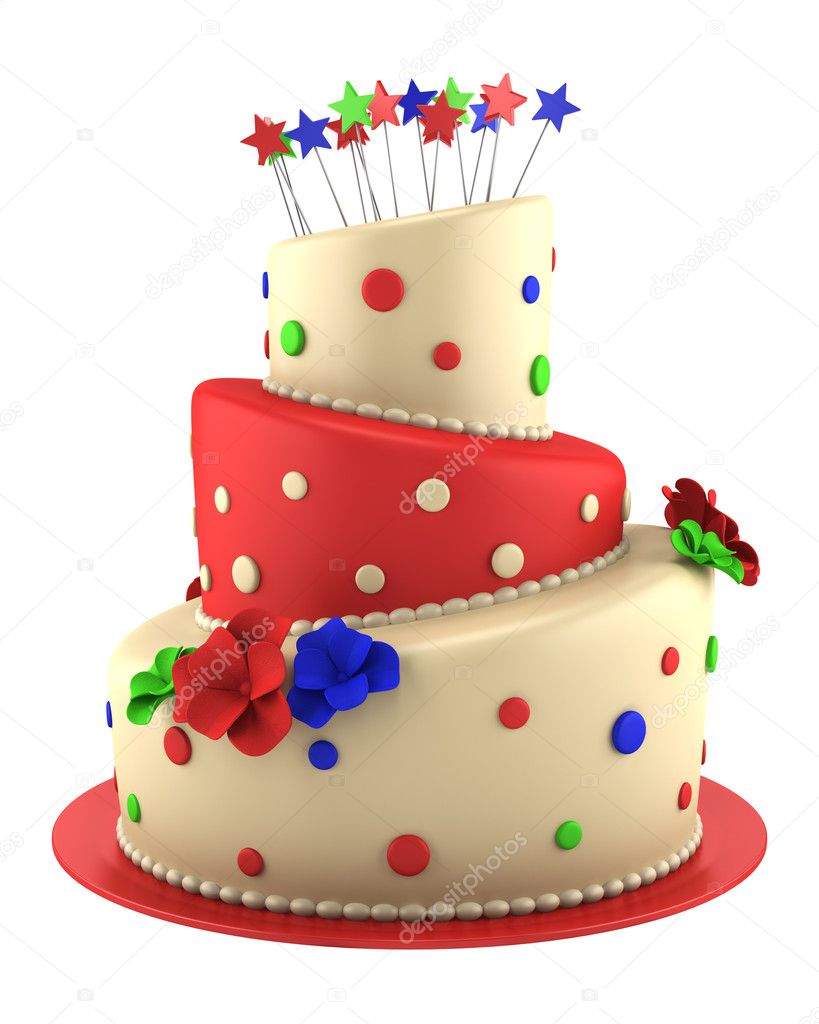 Big round red and yellow cake isolated on white background