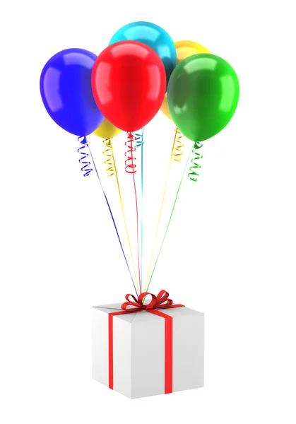 Caja regalo con globos multicolores aislados sobre fondo blanco —  Fotos de Stock
