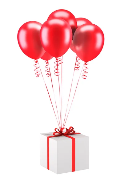Gaveæske med røde balloner isoleret på hvid baggrund - Stock-foto