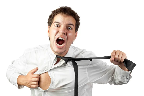Jovem trabalhador de escritório louco por estresse gritando isolado em branco — Fotografia de Stock