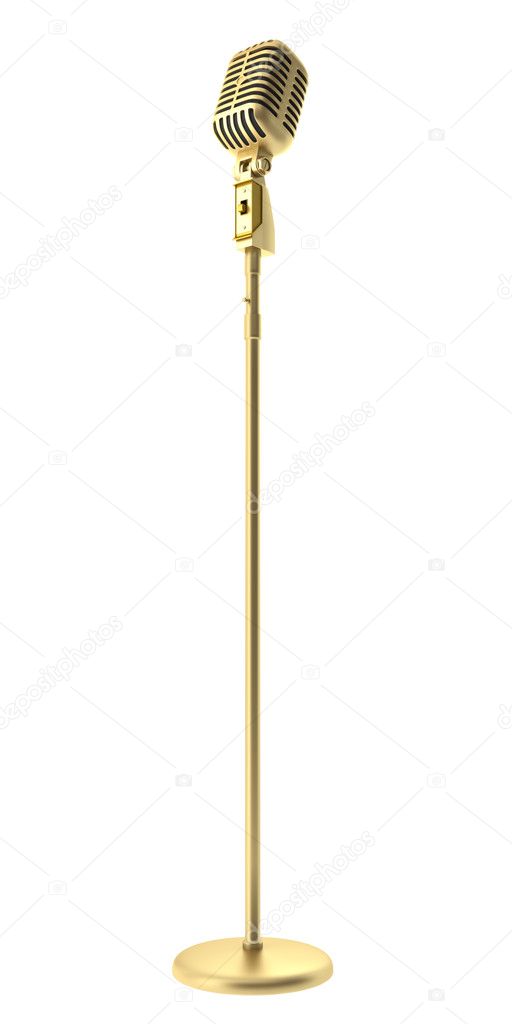 Golden vintage microphone isolated on white background