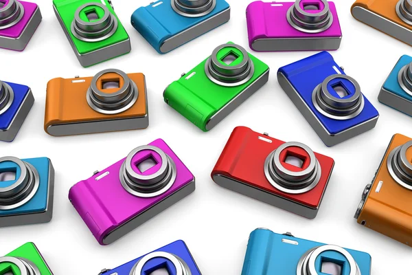 Multicolored point and shoot photo cameras isolated on white background — Stock Photo, Image