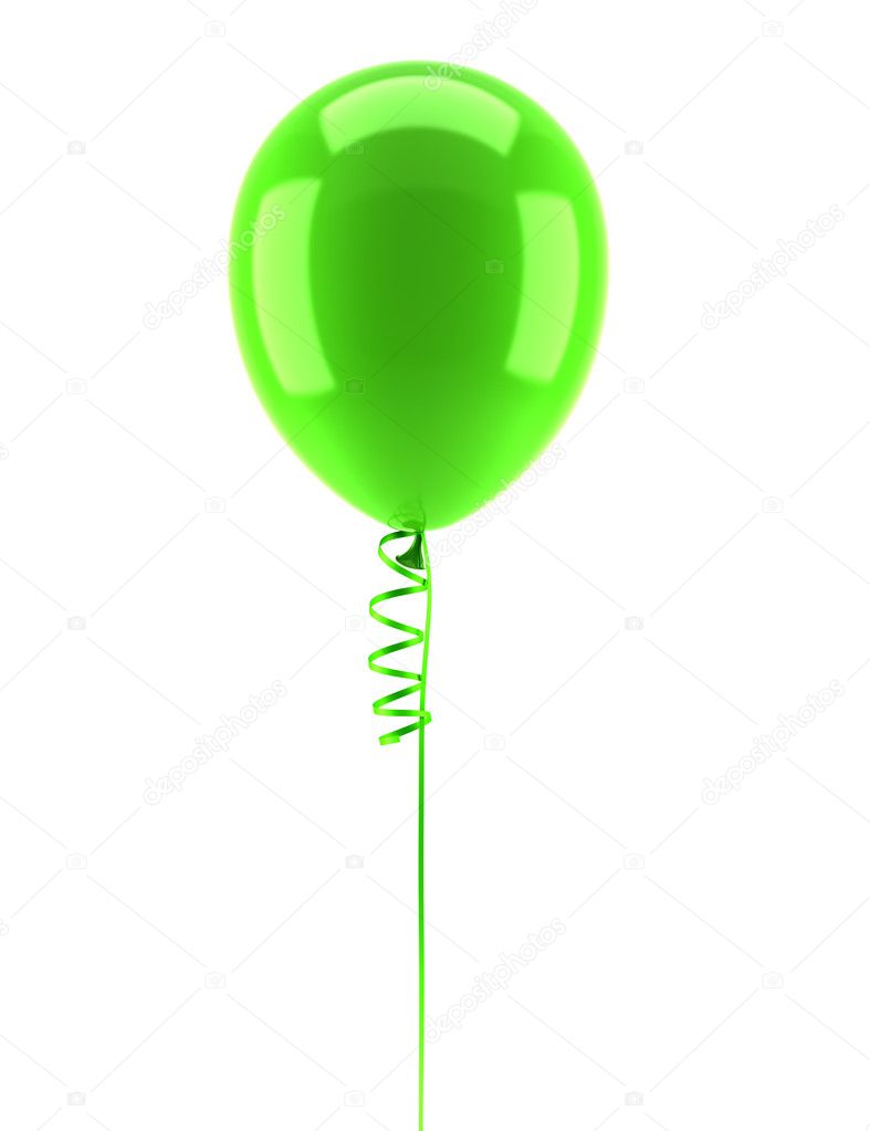 One green party balloon with ribbon isolated on white background
