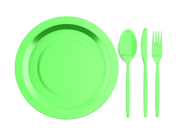 Empty green plate with knife, fork and spoon isolated on white background — Stock Photo, Image