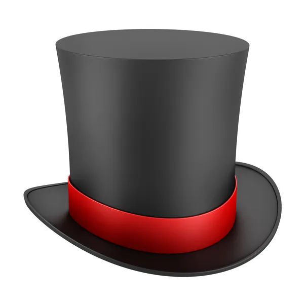 Chapéu superior preto com faixa vermelha isolada no fundo branco — Fotografia de Stock